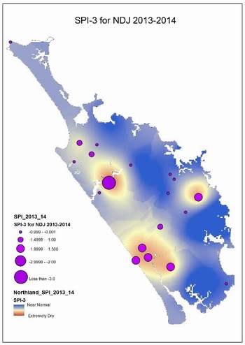 Map showing severity of Northland's drought 2013-2014.