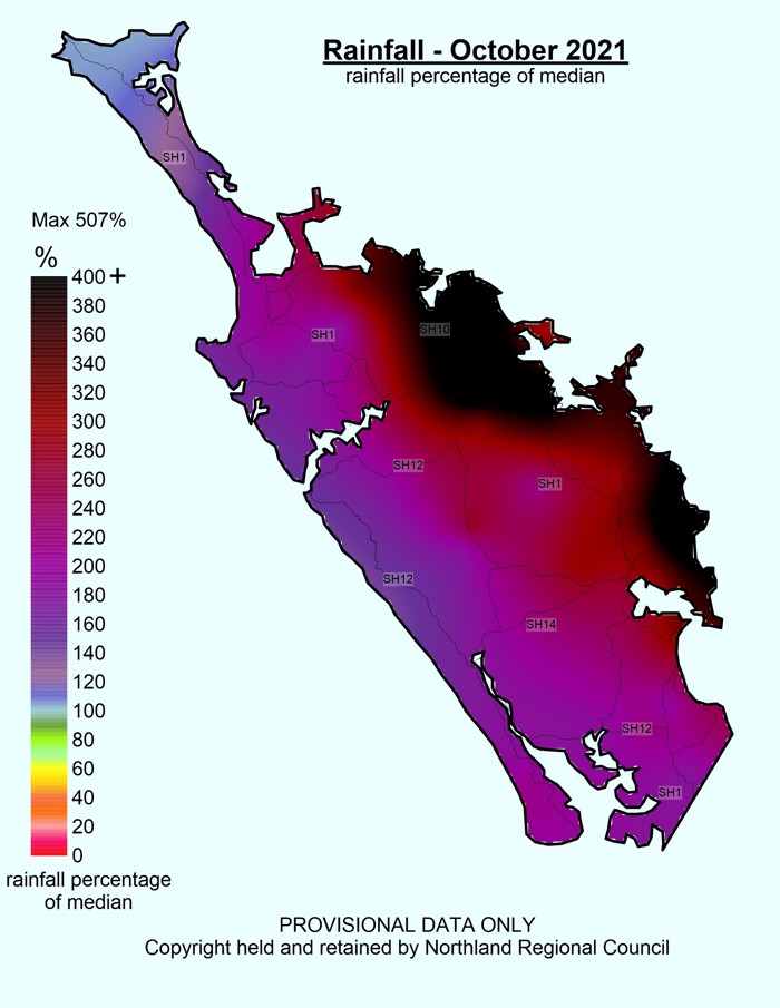 Rainfall % median map for October 2021
