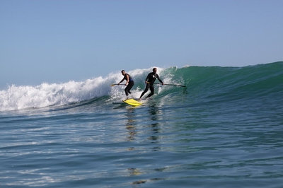 Two surfers on paddleboards.