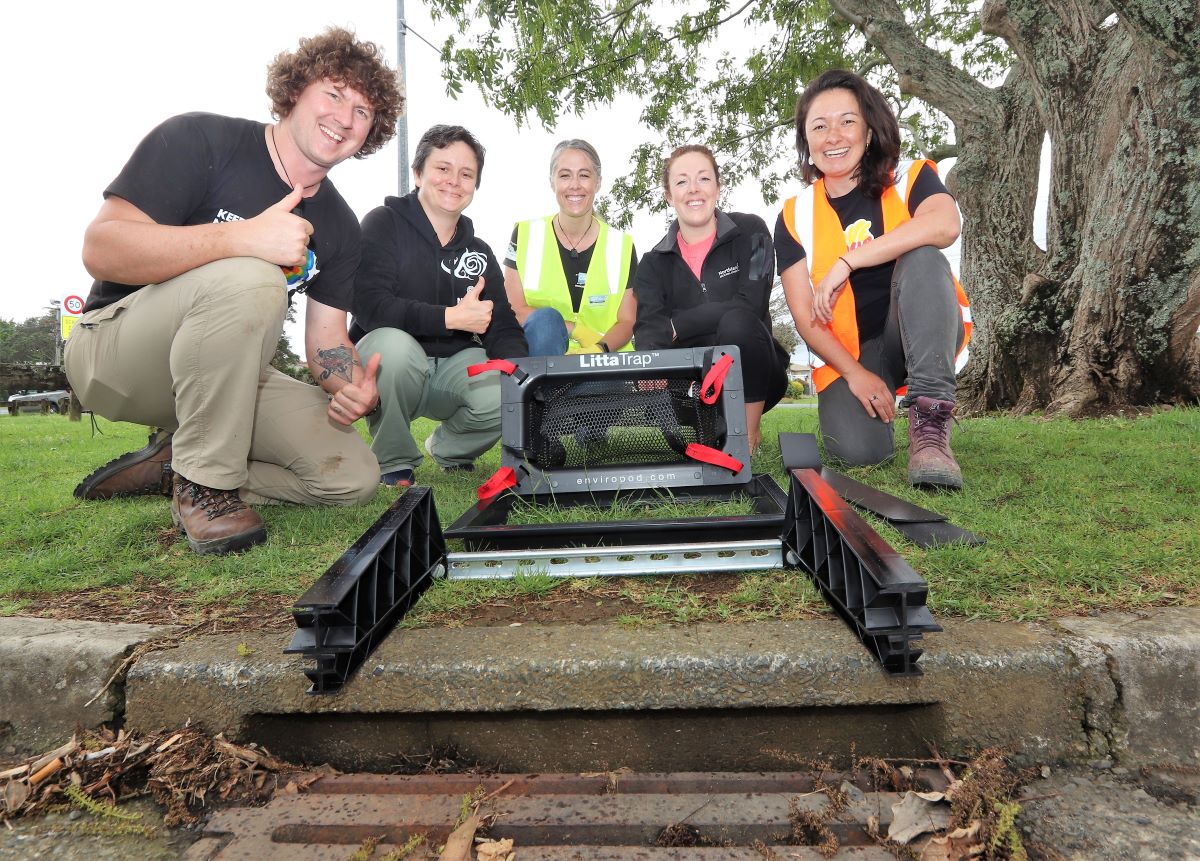 Pictured during the installation of a rubbish-catching LittaTrap at Onerahi, Whangārei, late last year are, from left, Whangārei District Councillor Nicholas Connop, Manue Martinez from NorthTec, Kim Jones of Whitebait Connection, Northland Regional Councillor Amy Macdonald and Shelley Butt of Sustainable Coastlines.