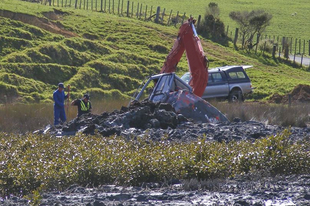 a digger stuck in the mud amongst the mangroves.