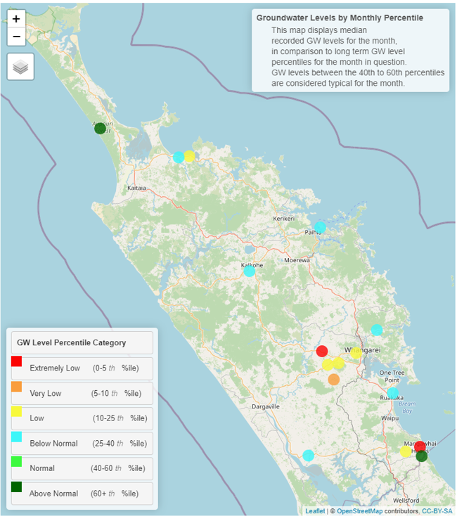 Map displaying groundwater levels in Northland.