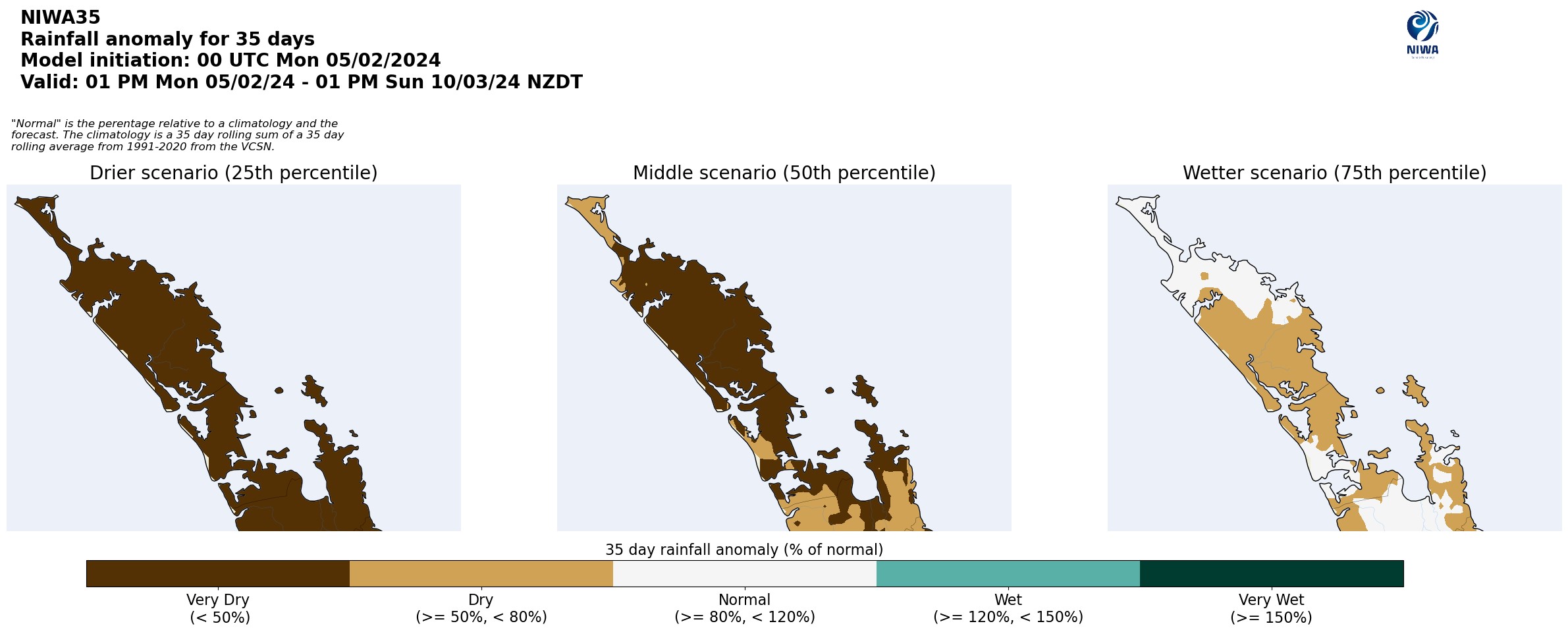 NIWA35 Rainfall anomaly model for 5 February 2024 – 5 March 2024.