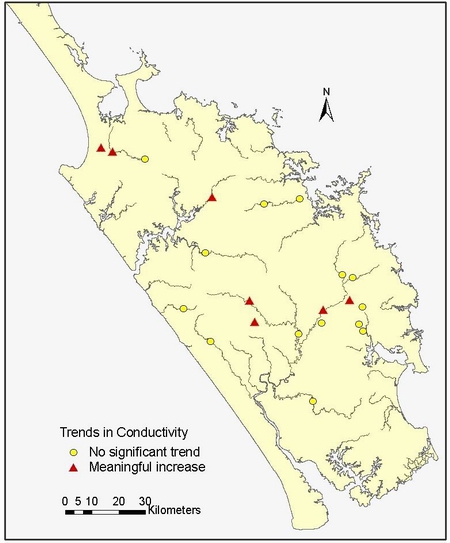 Figure 14: Trends in conductivity (mSm) at 21 RWQMN sites.