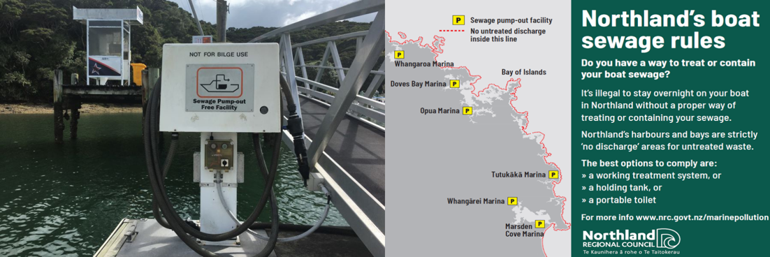 Doves Bay pump out station and map of Northland's east coast displaying boat sewage pump out facilities.