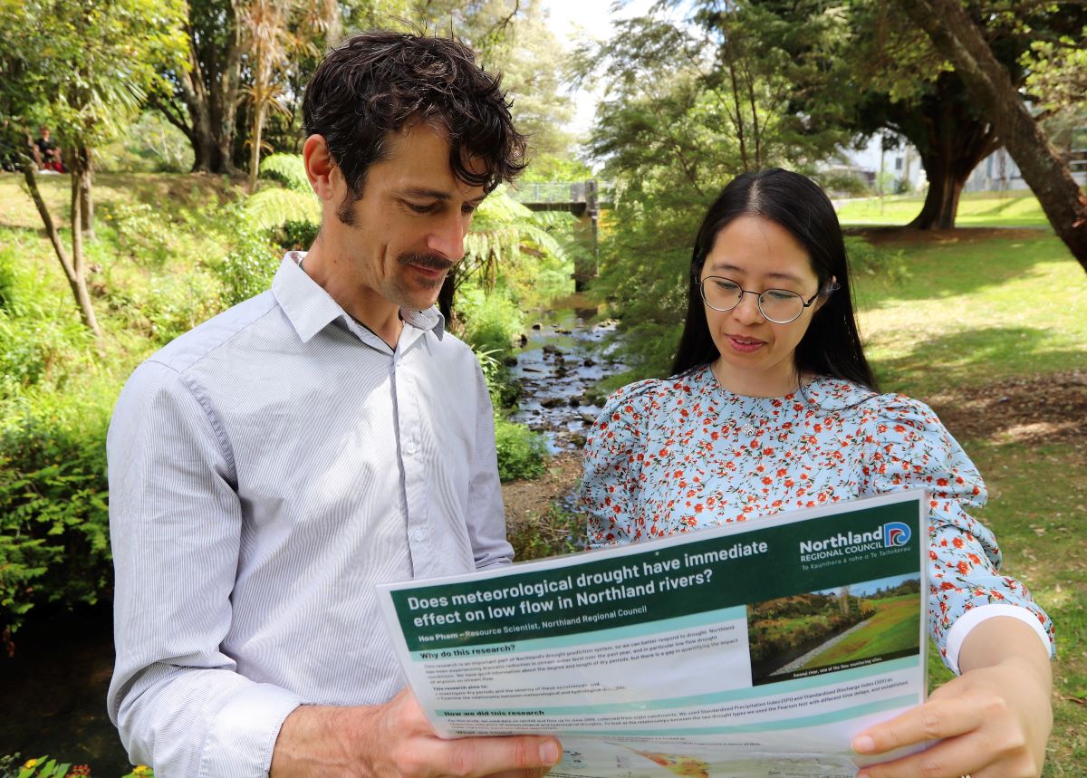 Two people looking at a document.