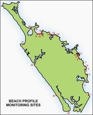 Map of Northland showing beach monitoring sites.