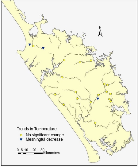 Figure 12: Trends in temperature (°C) at 21 RWQMN sites.