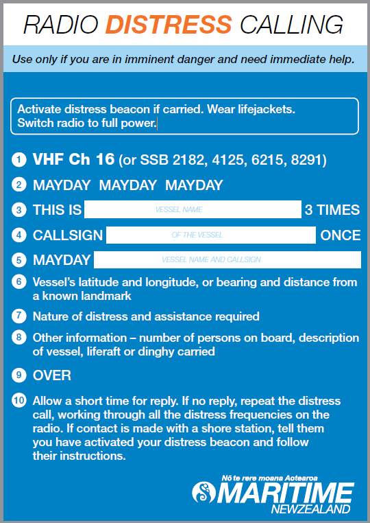 Radio Distress Calling information and template.