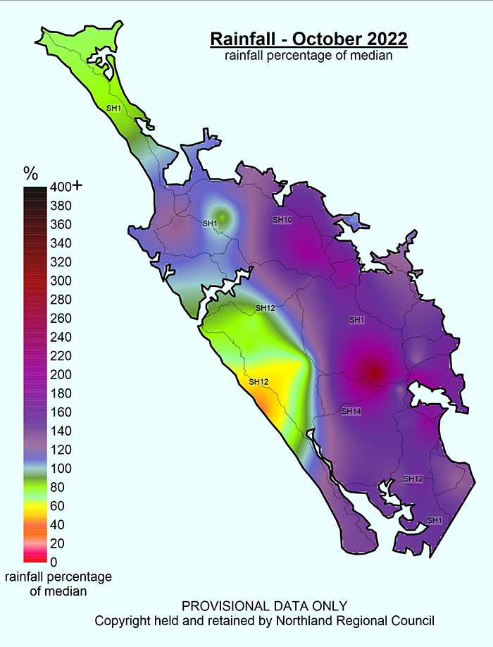 Rainfall (% of Median) for October 2022 across Northland with a range of 39% to 297%.