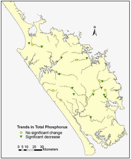 Figure 24: Trends in total phosphorus (g/m³) at 21 RQWMN sites.