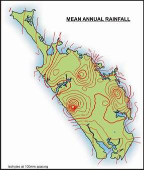 Map of Northland showing mean annual rainfall.