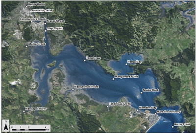 Description: Figure 90: Location of sediment sampling sites in Whāngārei Harbour. 