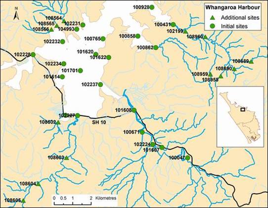 Map of testing sites in Whangaroa Harbour.