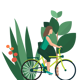 Woman on bike with plants.
