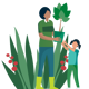 Woman and child with plants graphic.