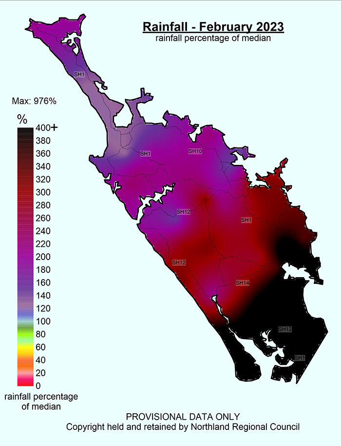 Map displaying rainfall across Northland February 2023.