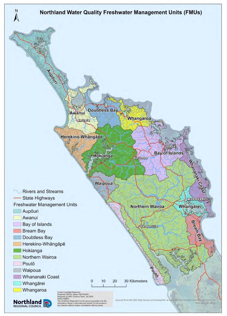 Northland water quality freshwater management units (FMUs) map.