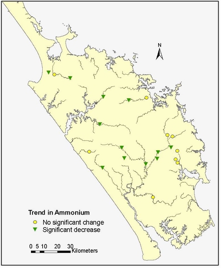 Map 19: Trends in Ammoniacal nitrogen at 21 RWQMN sites.