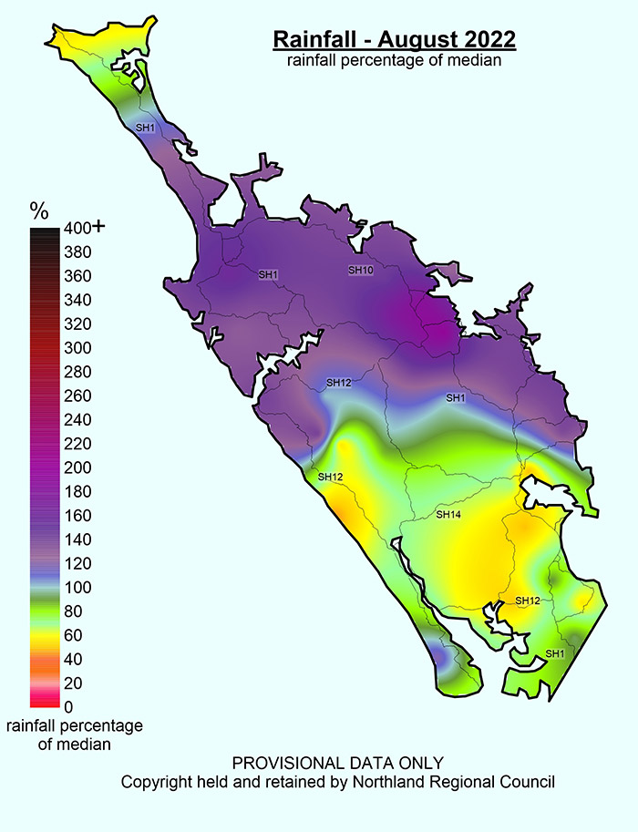 Rainfall (% of Median) for August 2022 across Northland with a range of 31% to 195%.