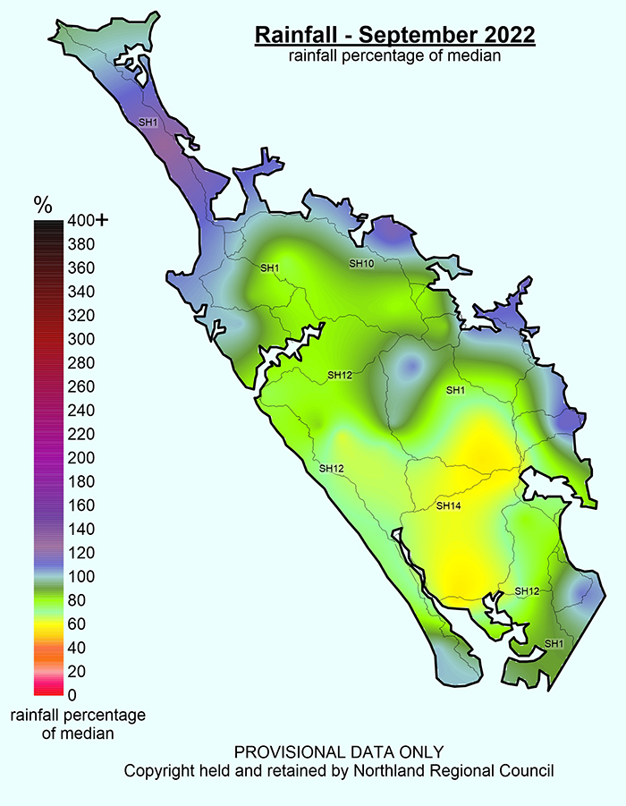 Rainfall (% of Median) for September 2022 across Northland with a range of 57% to 125%.
