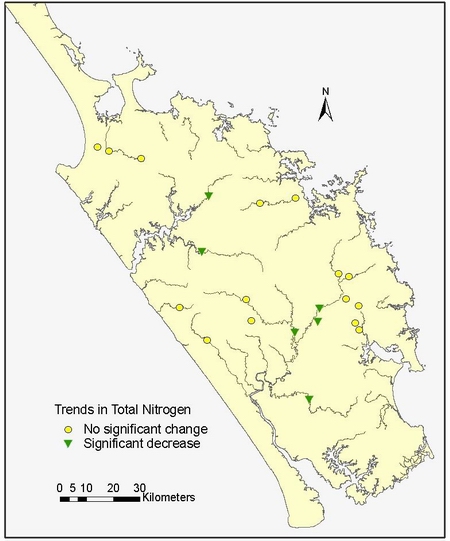 Figure 22: Trends in total nitrogen (g/m³) at 21 RWQMN sites.