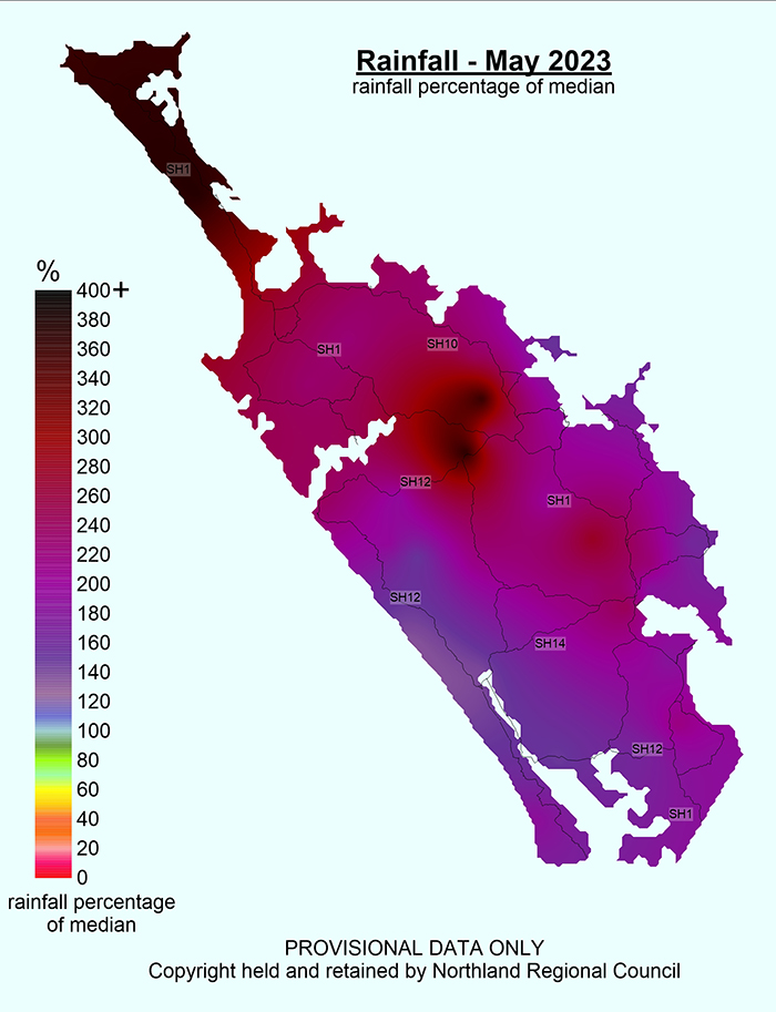 Rainfall percentage of median May 2023 - Northland map.