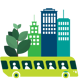 Bus, buildings and tree graphic.