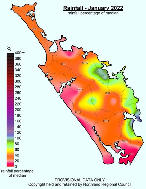 Northland map displaying rainfall percentage.