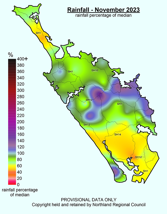 Rainfall (% of Median) for November 2023 across Northland with a range of 166% to 43%.