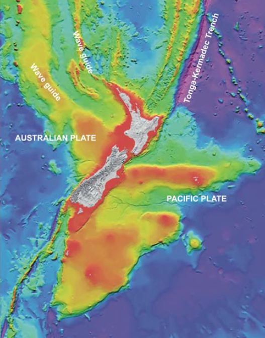 Geophysical setting of the North Island showing two bathymetric wave guides to the northwest.