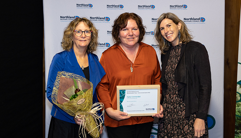 Three women with prizes.