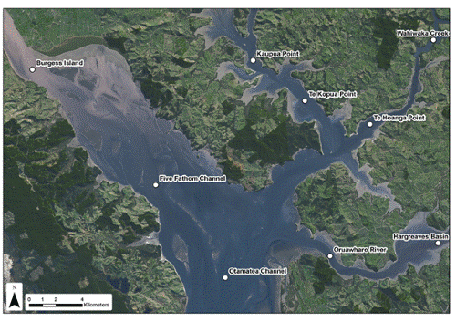 Description: Figure 84: Kaipara Harbour water quality monitoring sites 2009-2011. 