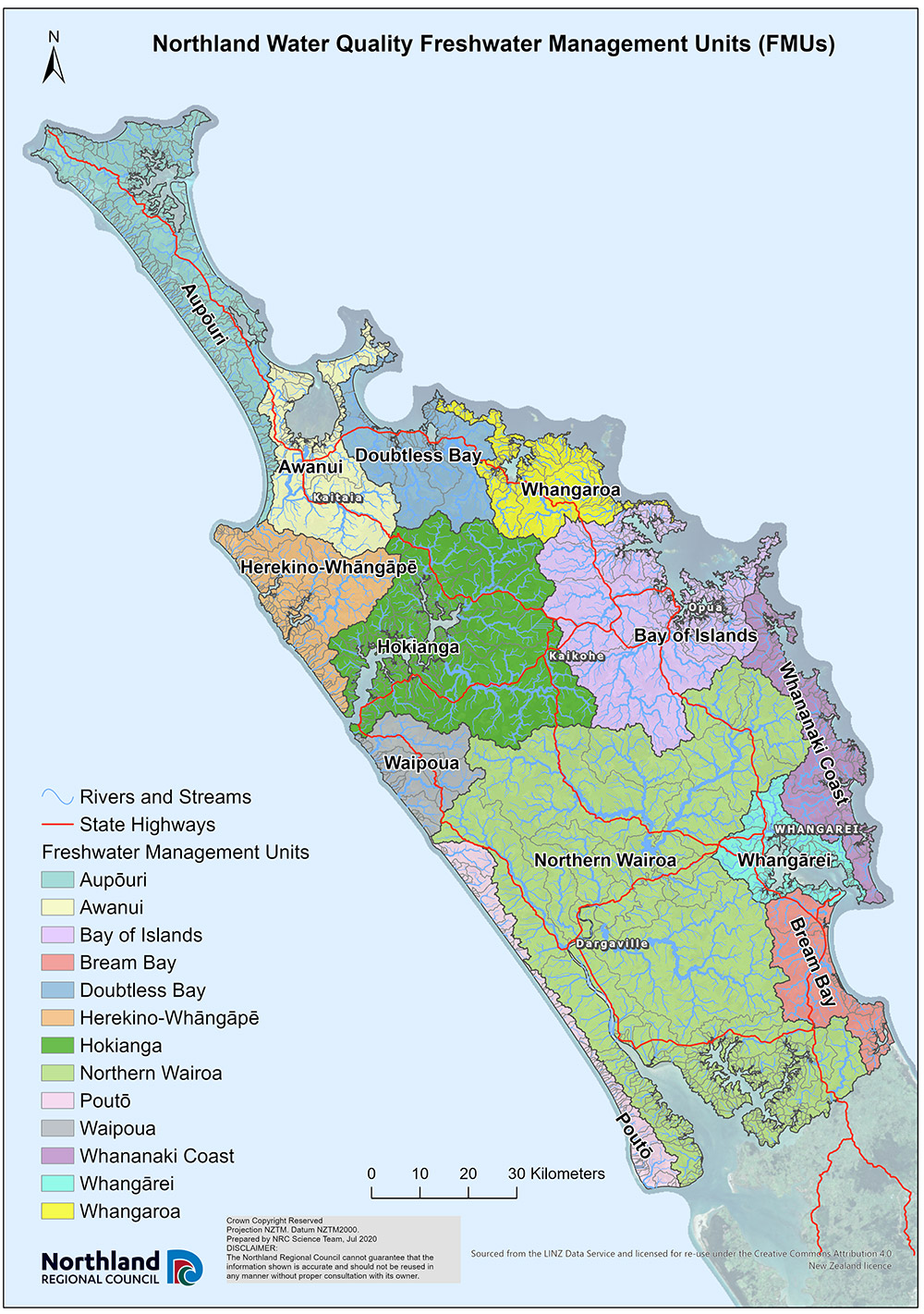 Map of Northland Water Quality Freshwater Management Units (FMUs).