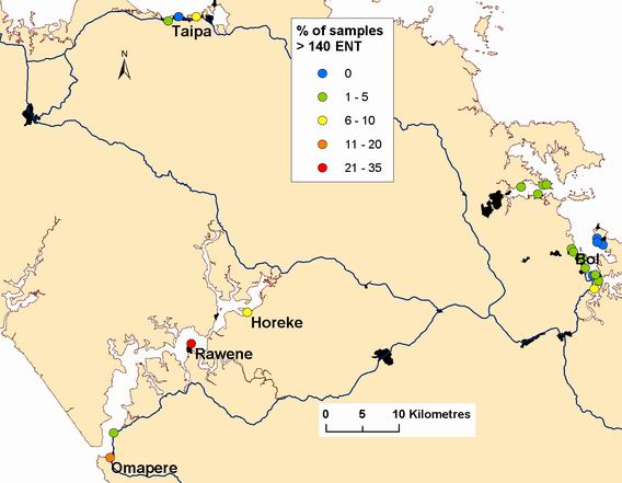 Percentage of samples greater than 140 Enterococci/100ml for FNDC bathing sites