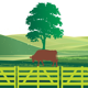 Cow on farmland graphic.