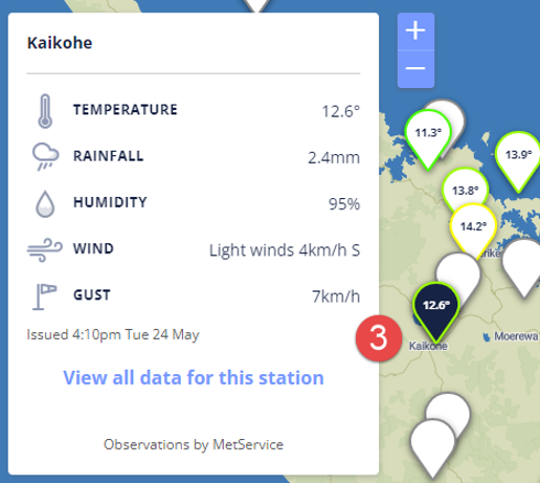 MetService website screenshot showing data for selected site.