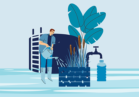 Graphic of a man watering, a water tank and tap with bottle in background.