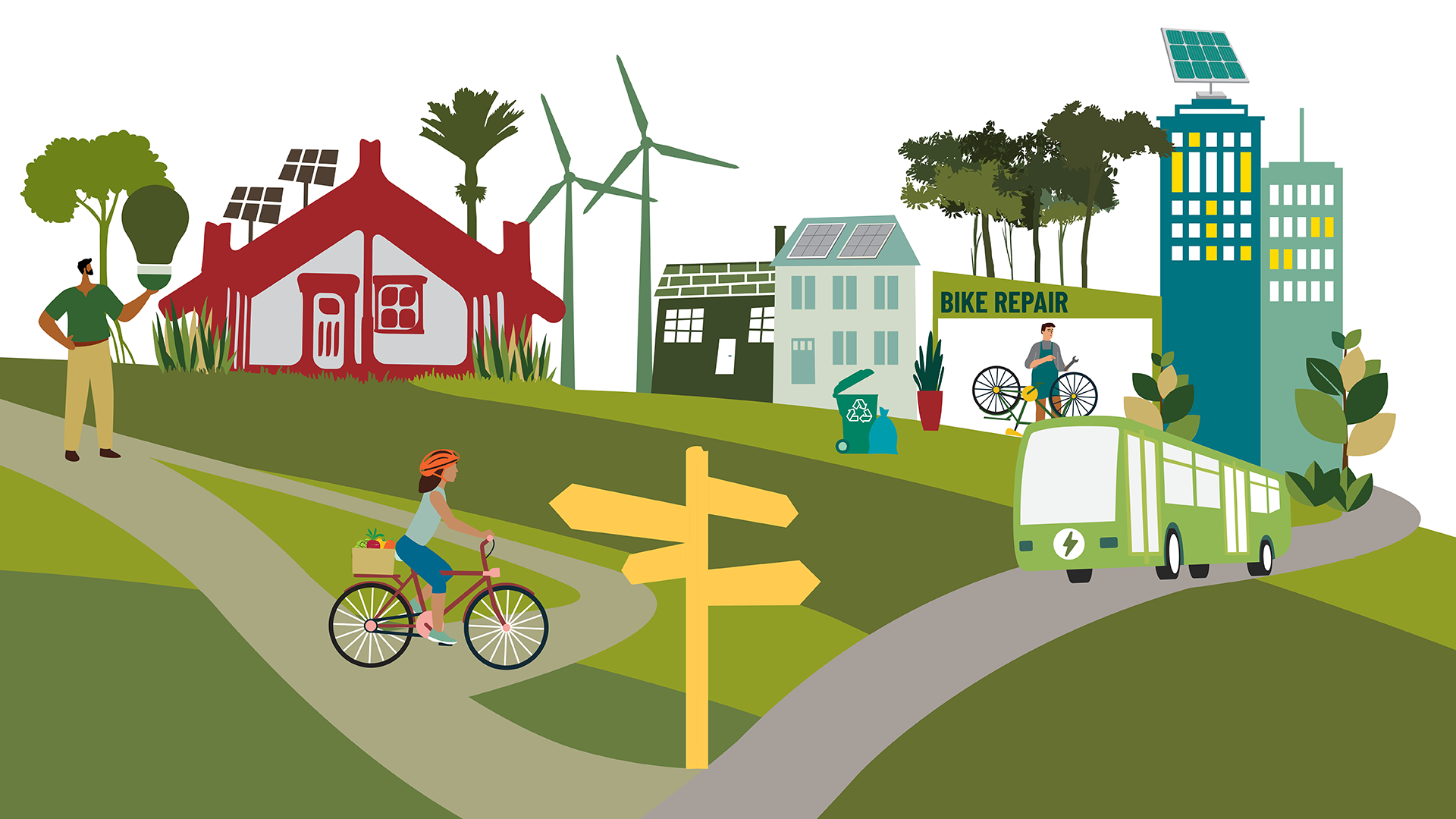 Decorative graphic solar panels on buildings, wind farm, electric bus a bicycles.