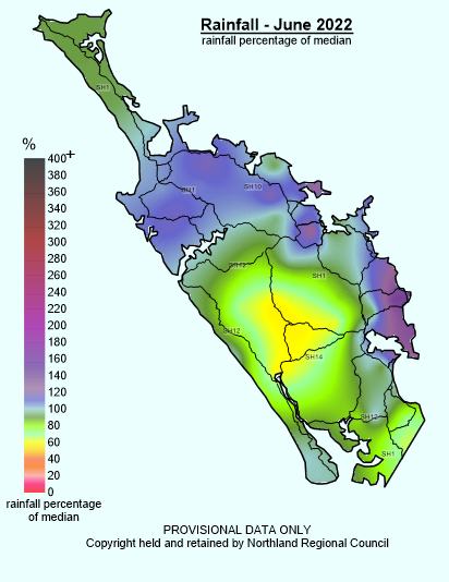 Rainfall (% of Median) for June 2022 across Northland with a range of 142% to 59%.