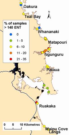 Map showing where samples are greater than 140 enterococci per 100 ml.