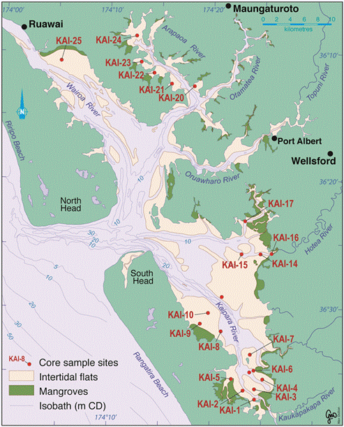 Description: Figure 92: Location of core sites in Kaipara Harbour 2010. 