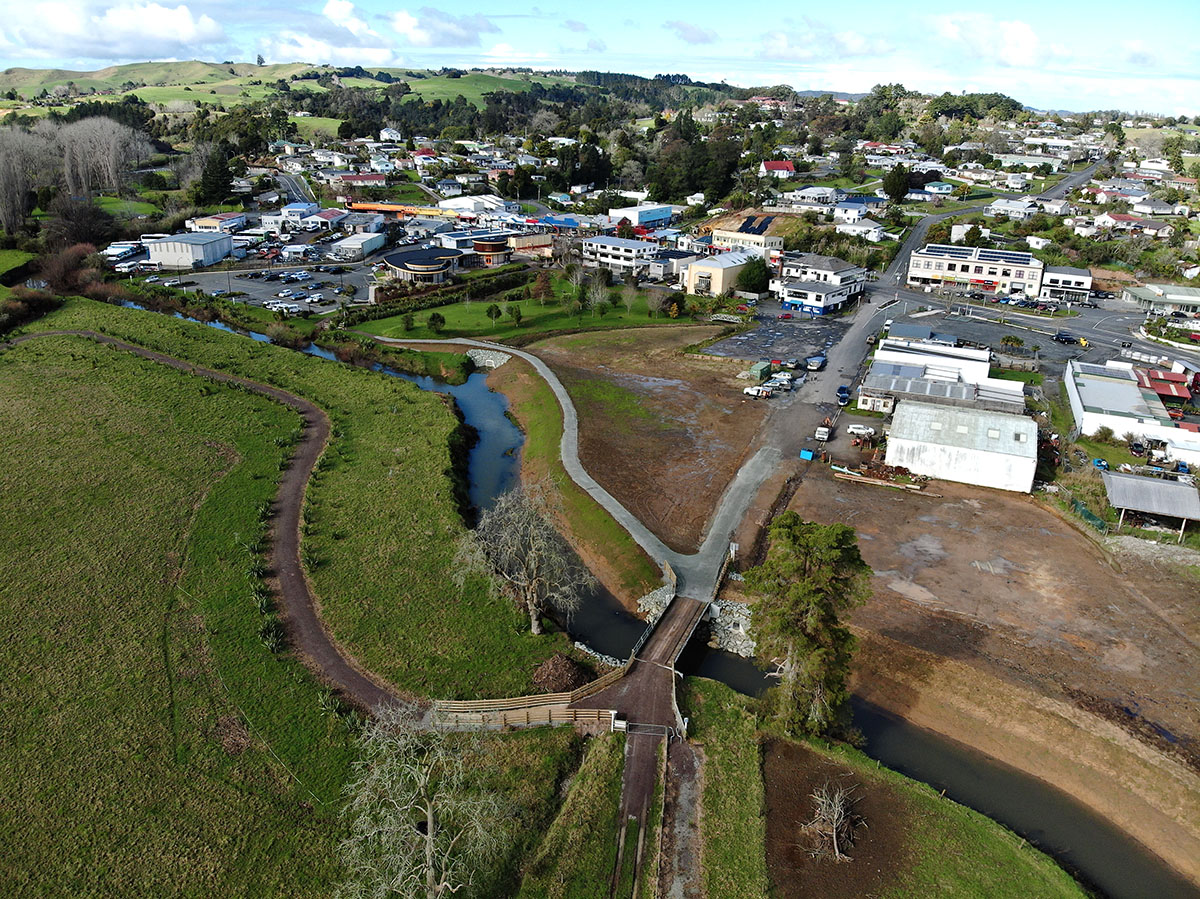 An aerial view of the Kawakawa Deflection Bank and Kawakawa businesses.