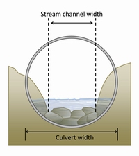 'Natural stream bed' culvert design diagram showing culvert width. 