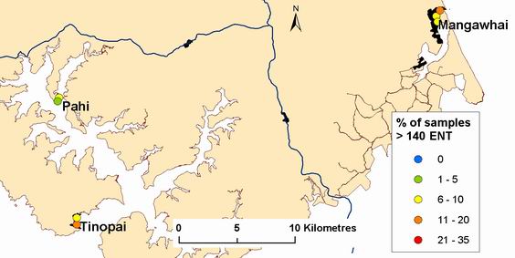 Map showing Enterococci results greater than 140/100ml for KDC bathing sites