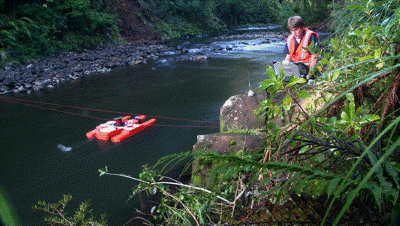 Council staff at Waipoua River measuring low water flows. 