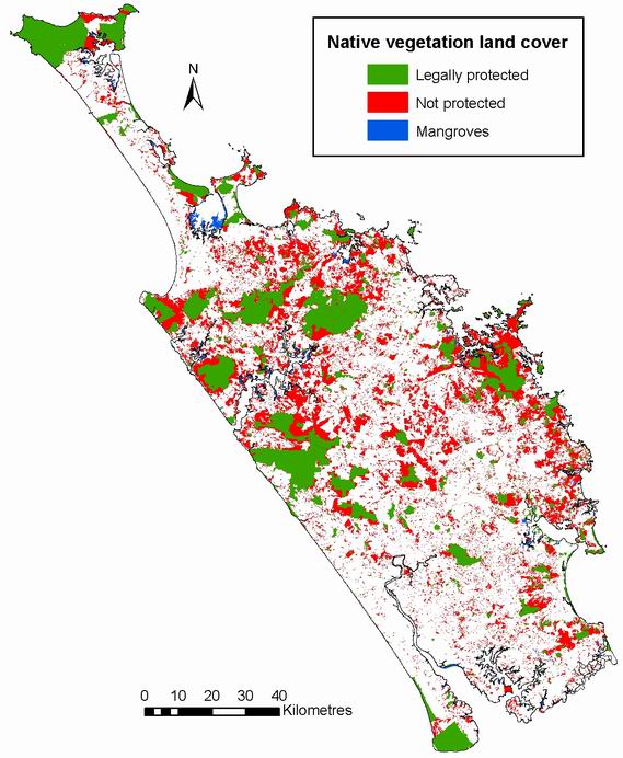 Map of Northland highlighting different types of vegetation.