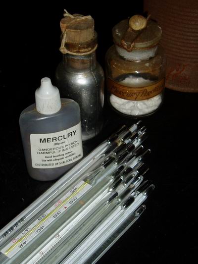 Mercury thermometers and waste mercury.