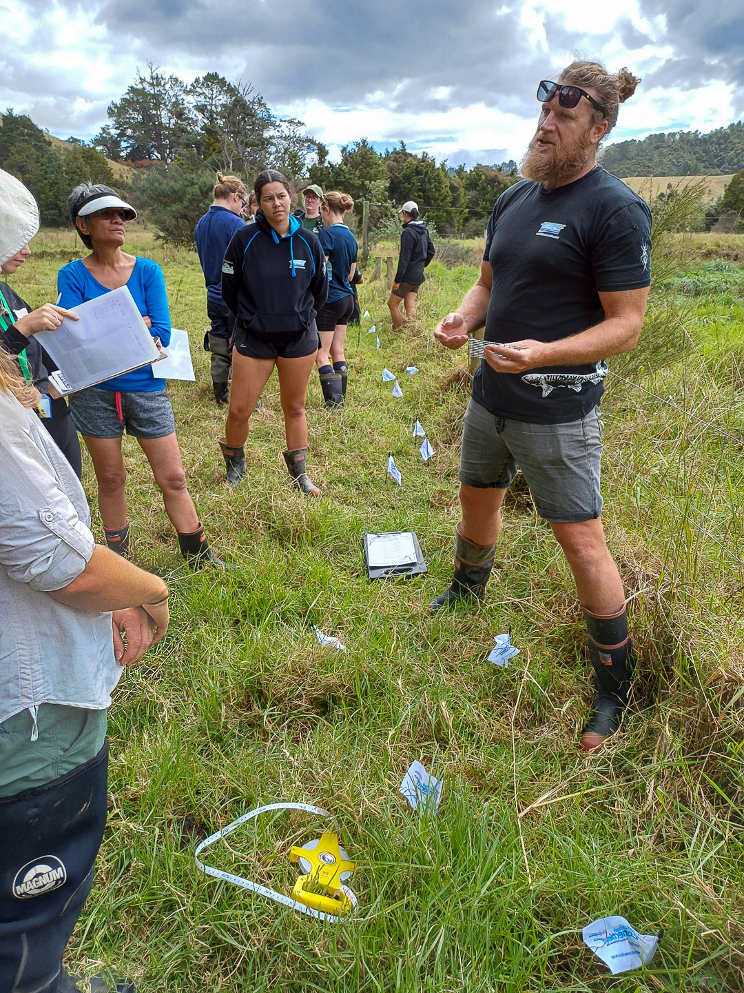 People in a field with tags marking areas on the grass.