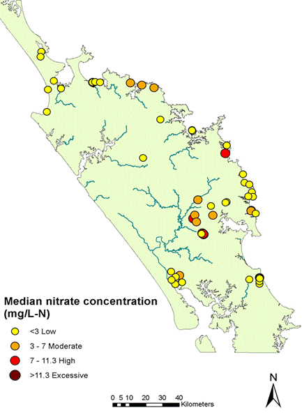 Figure 74: Median nitrate concentrations recorded in groundwater quality monitoring bores sampled over 2007/11. 